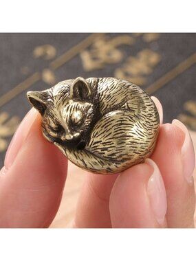 Miniature Brass Sleeping Cat Spirit Animal Comfort Intuition Protection Talisman